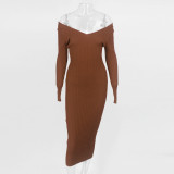 Women Autumn/Winter Solid V-Neck Long Sleeve Maxi Sweater Dress