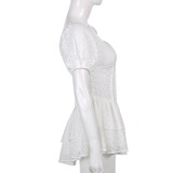 Women's Crochet Hollow Corset Square Neck Puff Sleeve Fairy Dress