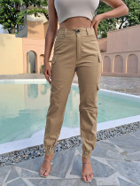 Pantalones de bolsillo liso con botones de cintura baja para mujer