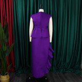 Plus Size Women V-neck Short Sleeve With Belt Slit Maxi Dress