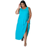 Plus Size Women Summer Sleeveless Round Neck Solid Maxi Dress