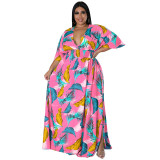 Plus Size Women's Summer Deep V-Neck Print Multicolor Dress