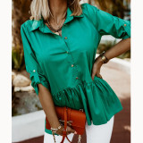 Spring Solid Chic Career Pullover Green Turndown Collar Single Breasted Casual Elegant Women's T-Shirt