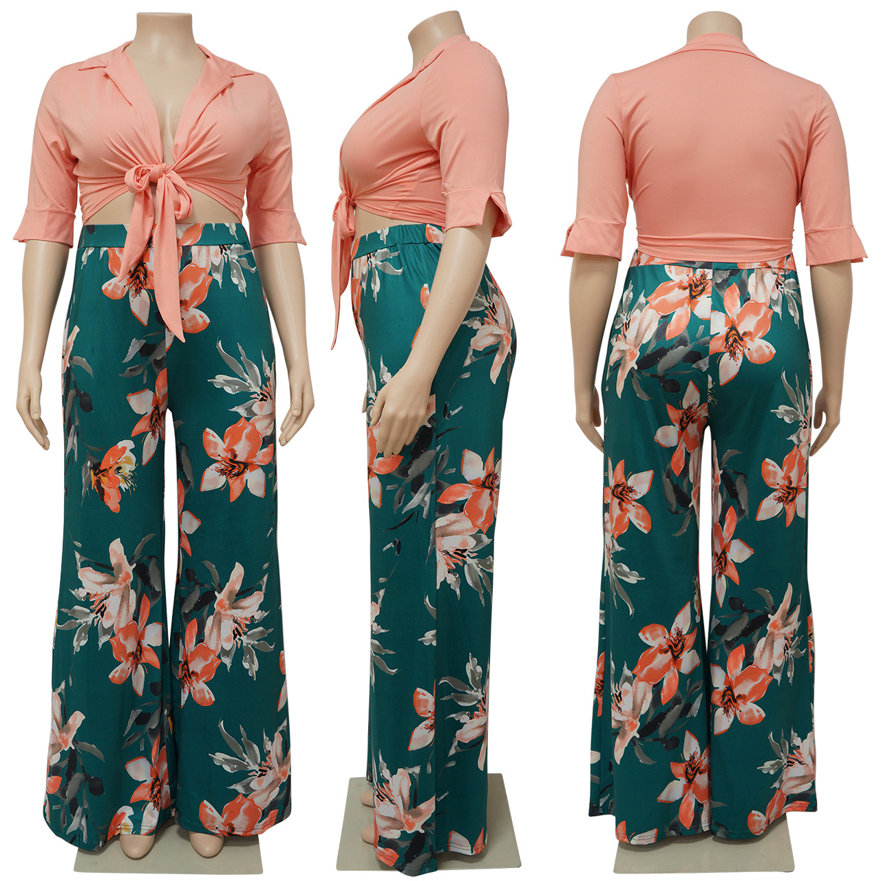 Women'S Plus Size Solid Color Tie Top Floral Print Loose Pants Two