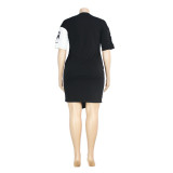 Contrast Letter Print Skirt Bodycon Round Neck Irregular Plus Size Dress