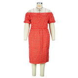 Summer Red Polka Dot Print Puff Sleeve Plus Size Off Shoulder Chic High Dress