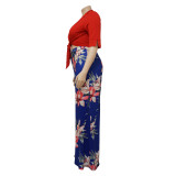 Women'S Plus Size Solid Color Tie Top Floral Print Loose Pants Two Piece Set
