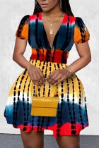 Artı Boyutu Kadın Yaz Kısa Kollu Batik Baskı Elbise