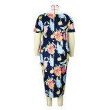 Large Plus Size Dress Chic Career Floral Print Round Neck Short Sleeve Maxi Dress