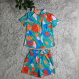 Women Summer Casual Print Short Sleeve Shirt + Shorts Two Piece Set