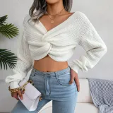 Women Fall Winter Long Sleeve Knotted Crop Sweater