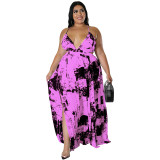 Plus Size Women's Summer Sling Low Back Ink Print Dress