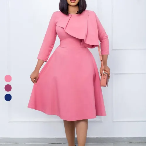 Women Fall/Winter Round Neck Solid Ruffles Long Sleeve Dress