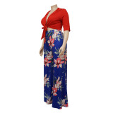 Women'S Plus Size Solid Color Tie Top Floral Print Loose Pants Two Piece Set