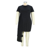 Round Neck Mesh Patchwork Plus Size Women's Short Sleeve Irregular See-Through Dress