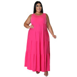 Plus Size Women Summer Sleeveless Round Neck Solid Maxi Dress