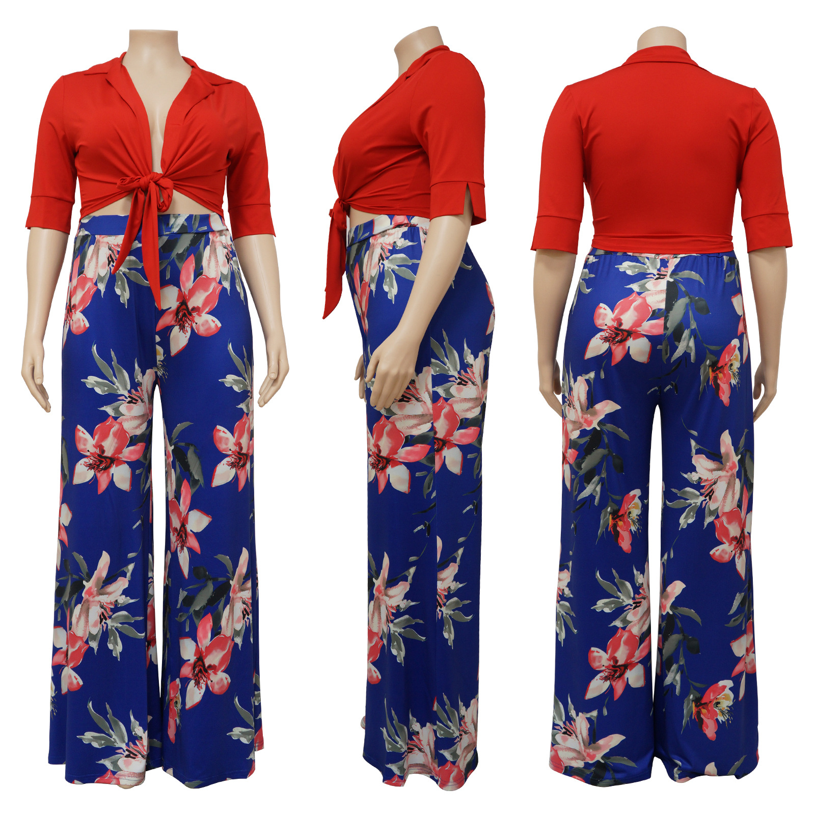Women'S Plus Size Solid Color Tie Top Floral Print Loose Pants Two Piece Set  - The Little Connection