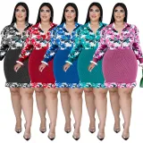 Plus Size Women's Floral Print Long Sleeve Bodycon Dress