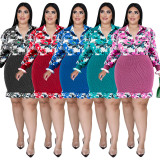 Plus Size Women's Floral Print Long Sleeve Bodycon Dress