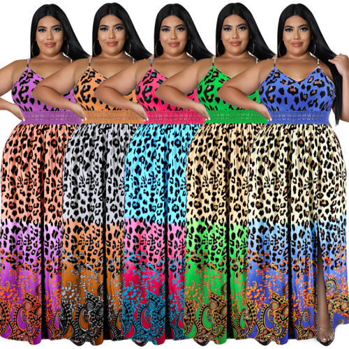 Женское летнее платье больших размеров с леопардовым принтом и разрезом на бретелях