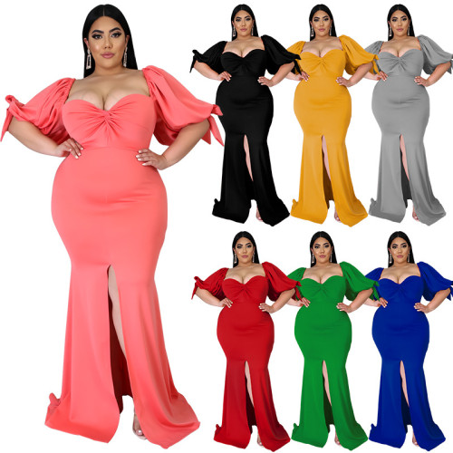 Plus Size Women's Sweetheart Neck Puff Sleeve Slit Mermaid Fashion Dress