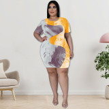 Plus Size Women's Contrast Irregular Print Summer Short Sleeve Casual Dress