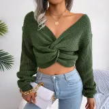 Women Fall Winter Long Sleeve Knotted Crop Sweater