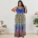 Plus Size Summer Women's Leopard Strap Slit Swing Dress