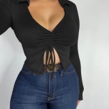 Women's Fall Solid Drawstring V-Neck Long Sleeve Sexy Slim T-Shirt Top