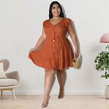 Plus Size Women's Solid Color Ruffled Short Sleeve Button Up Casual A-line Dress