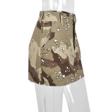 Women's Spring Summer Fashion Camouflage Tassel Pocket Zipper Skirt