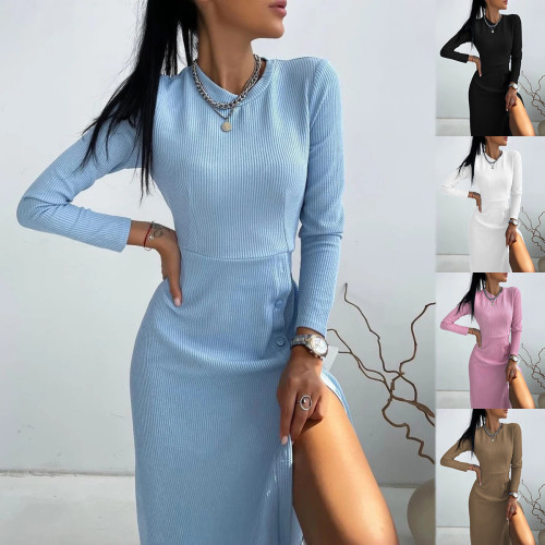 Sonbahar/Kış Slim Fit Düz Renk Uzun Kollu Ribanalı Yırtmaçlı Basic Gömlek Elbise