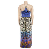 Plus Size Summer Women's Leopard Strap Slit Swing Dress