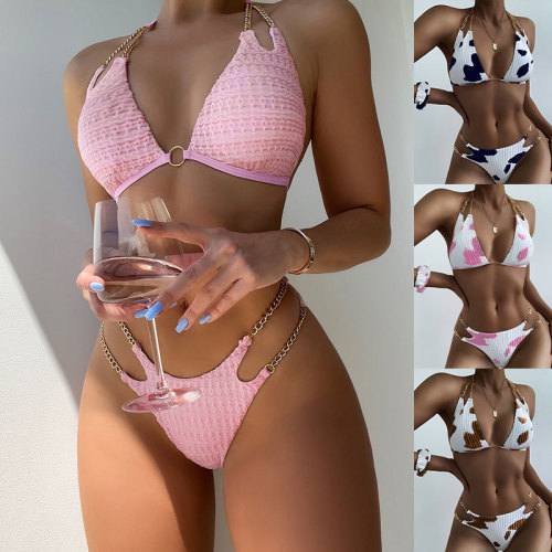 Frauen-Ketten-Bikini, zweiteiliger Badeanzug, Dreieck, hohe Taille, Strand-Badeanzug