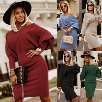 Herbst Winter Slim Fit Plus Size Strickkleid mit Fledermausärmeln