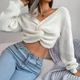 Women Fall Winter Long Sleeve Knotted Crop Sweater