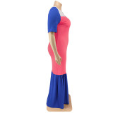 Plus Size Women's Round Neck Short Sleeve Multicolor Patchwork Swing Maxi Dress