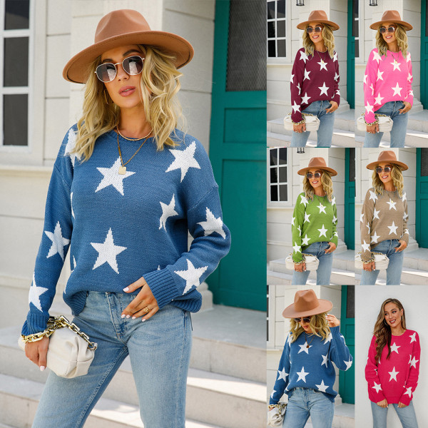 Fall Winter Pullover Elegant Round Neck Plus Size Star Knitting Sweater