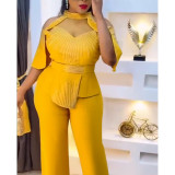 African Plus Size Beaded Shoulder Cutout Fashion Casual Two Piece Pants Set