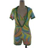 Women's Short Sleeve Deep V Contrast Color Patchwork Print Jumpsuit with Bra