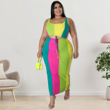 Plus Size Fall Women's Colorblock Sleeveless Tank Top Long Skirt Two Piece Set