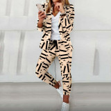 Fashion Plaid Letter Print Office Lady Blazer Pants Suit Two Piece Set
