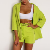 Women One Button Three Quarter Sleeve Solid Color Suit Fashion Chic Tight Fitting Blazer Shorts Two Piece Set