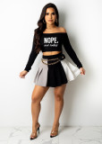 Off Shoulder Long Sleeve Positioning Letter print Crop Top Patchwork Pleated Mini Skirt Two Piece Set