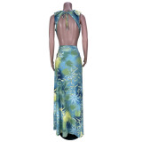 Women's Sleeveless Cardigan Print bodysuit and Elegant Dress two piece set