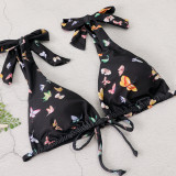 Floral Swimsuit Butterfly Print Lace-Up Women Two Pieces Bikini Swimwear