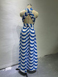 Women's Summer Sweet Striped Halter Neck High Waist Slit Maxi Dress