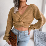 Women Fall Winter Long Sleeve Knotted Crop Sweater