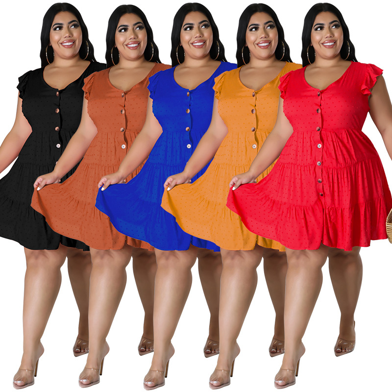 Plus Size Women's Solid Color Ruffled Short Sleeve Button Up Casual A-line  Dress - The Little Connection