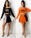 Off Shoulder Long Sleeve Positioning Letter print Crop Top Patchwork Pleated Mini Skirt Two Piece Set